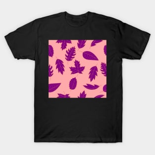 Leaves Pattern - Red and Purple on Pink T-Shirt